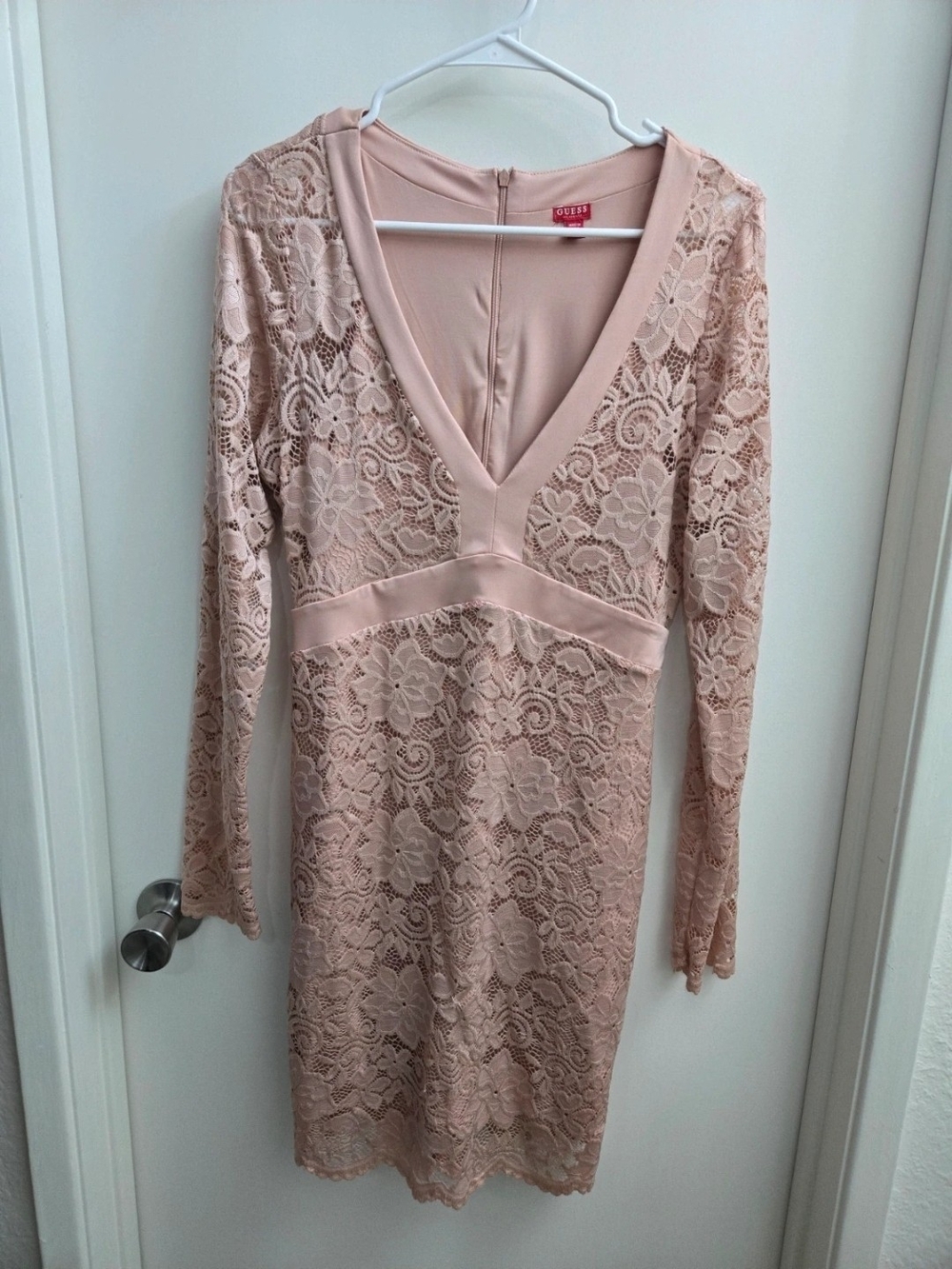 Guess Blush Lace Long-Sleeve V-Neck Dress
